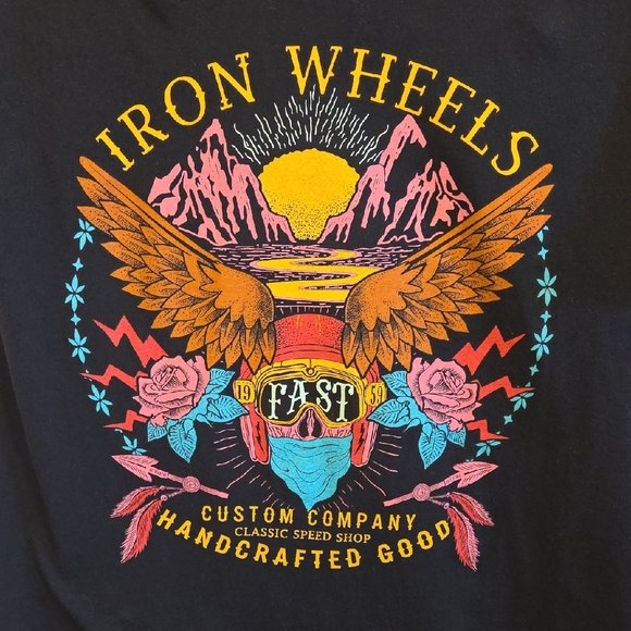 Iron Wheels Skull Wings Mountain Black Graphic T-shirt - Picture 5 of 5